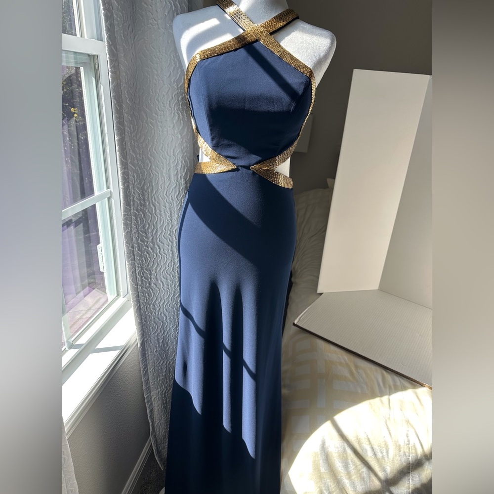Stunning Formal Blue/Gold Gown From Paris (wedding/ holiday)Party Dress
